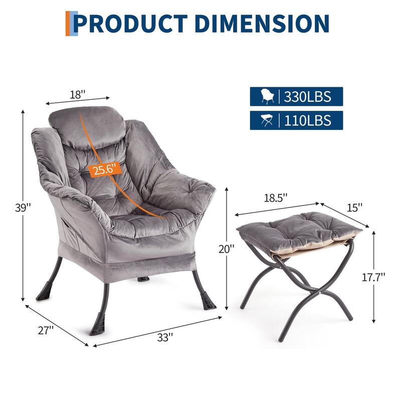 2Pcs Lazy Chair with Ottoman, Modern Lounge Accent Chair,Leisure Sofa Armchair with Footrest,Reading Armchair