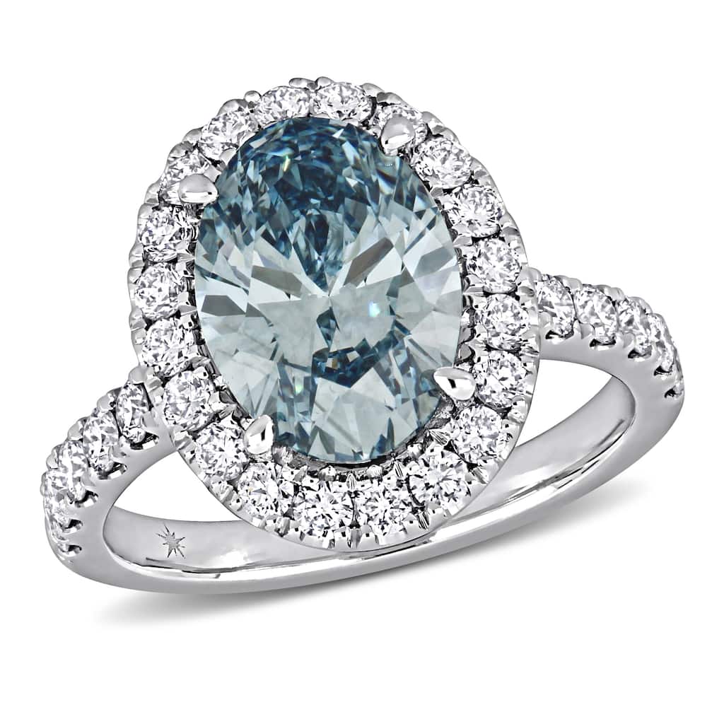 4ct TW Lab Grown Blue and White Diamond Halo Ring in 14k White Gold