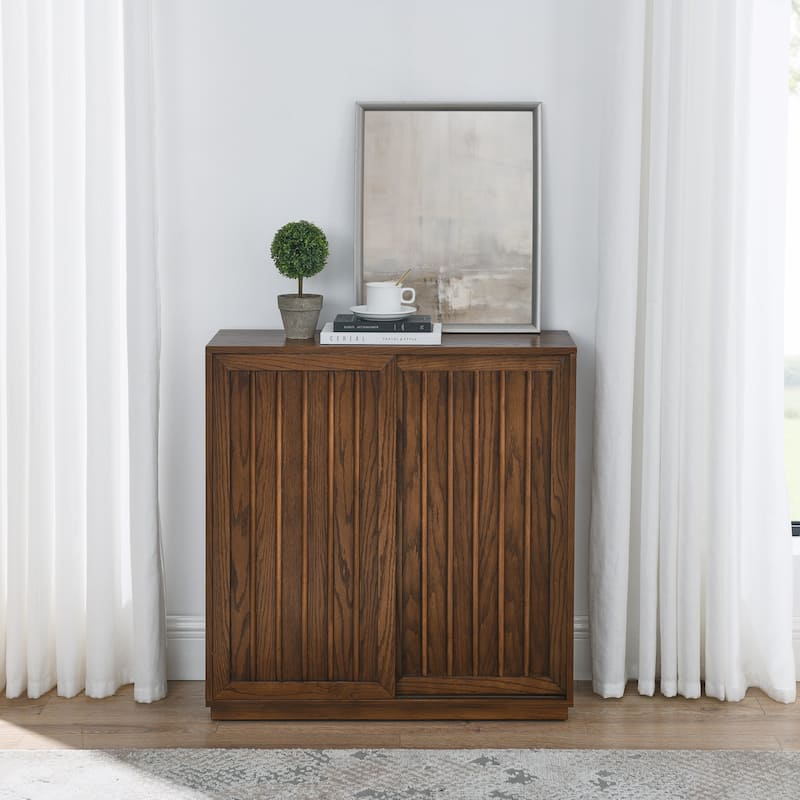 Roomfitters Mid Century Sideboard, Sliding Doors, Solid Wood Decorative Strips, Storage Cabinet, Walnut - Walnut