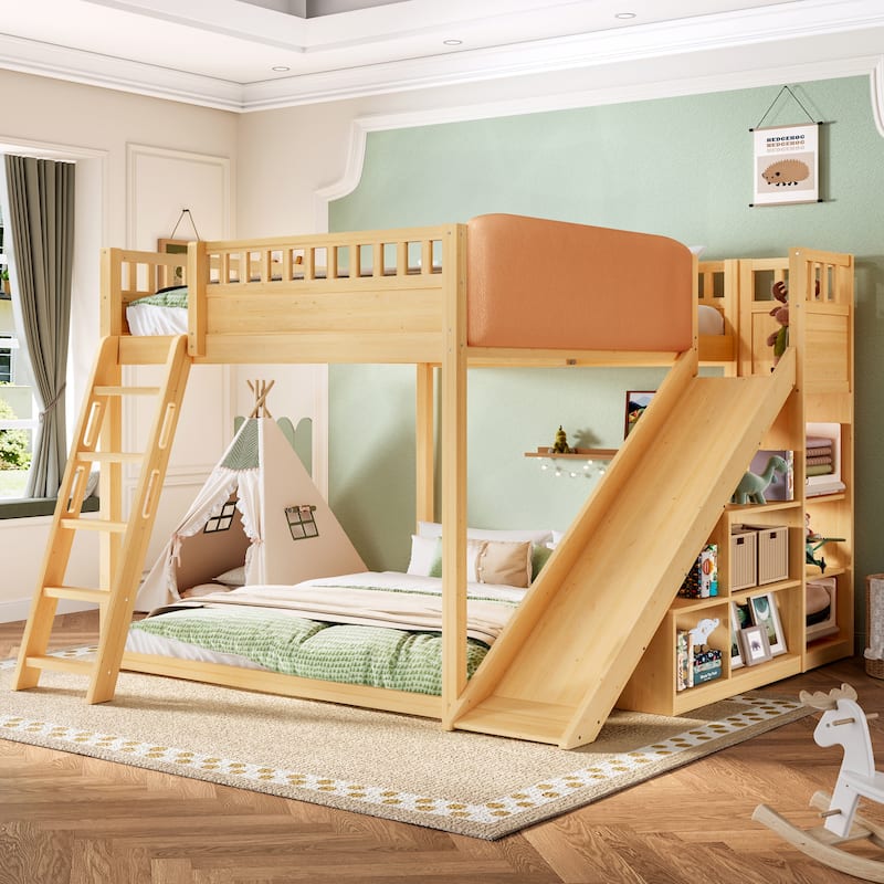 Minimalist Wood Loft Bed Frame with Upholstered Headboard, Storage Open Shelves, Safety Guardrails, Ladder and Slide for Kids