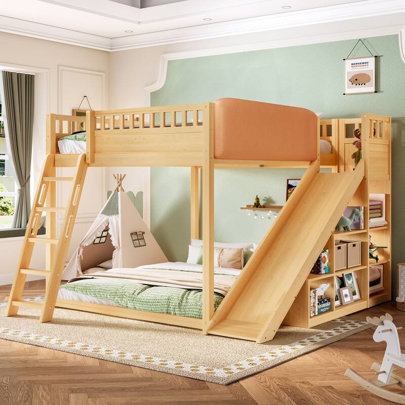 Roomfitters Loft Bed with Upholstered Headboard and Slide, Storage Shelves and Ladder - Natural - Queen