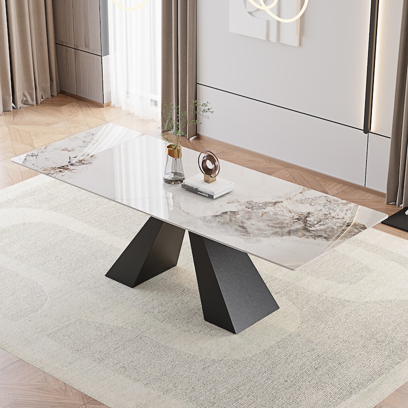 63'' to 94.5” Extendable Dining Table For 8-10 with Sintered Stone Table top and Metal Base - 94.48"
