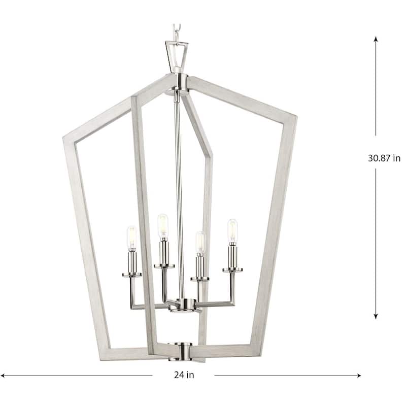 Galloway Collection 4-Light 30 in. Brushed Nickel Modern Farmhouse Foyer Light with Grey Washed Oak Accents - Medium