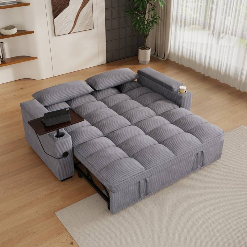 65'' Chenille 3-in-1 Folding Sectional Sofa with 360-Degree Swivel Side Table