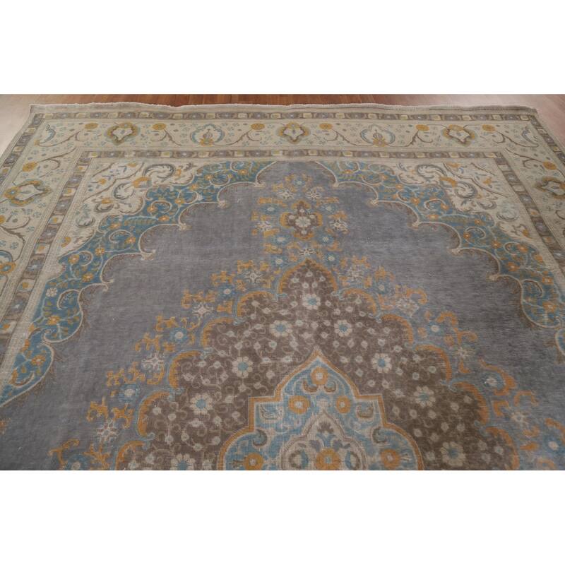 Hand Knotted Oriental 100% Wool Carpet Traditional Medallion Greys & Charcoal Tabriz Area Rug - 12' 8'' X 9' 6''