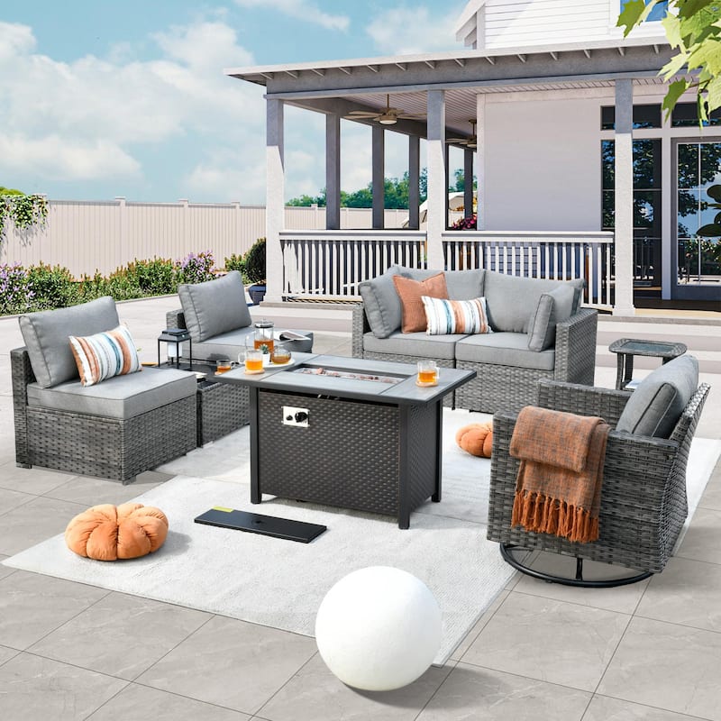 HOOOWOOO 8-piece Rattan Wicker Patio Furniture Set with Fire Pit - Dark Grey