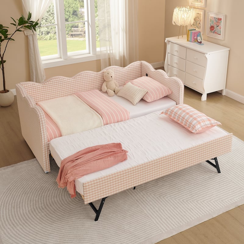 Linen Fabric Gingham Daybed with Trundle, Twin Size Sofa Bed with USB Port and Adorable Wave Shaped Headboard