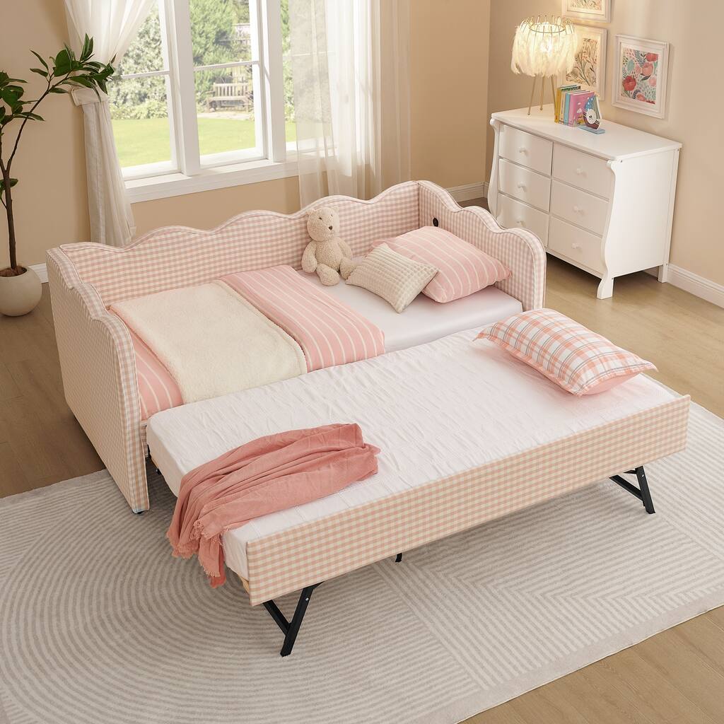 Twin Size Gingham Daybed Upholstered Sofa Bed with Trundle, Wave Shaped Armrest & Backrest, USB Port, No Box Spring Needed