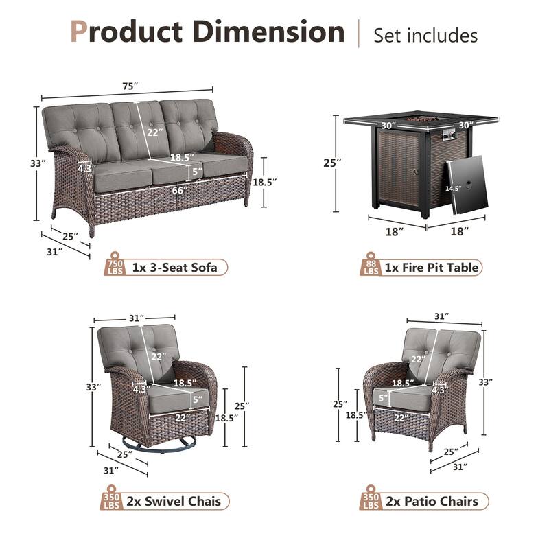 Pocassy Outdoor 30 In Fire Table with Sofa Swivel Patio Chair Set