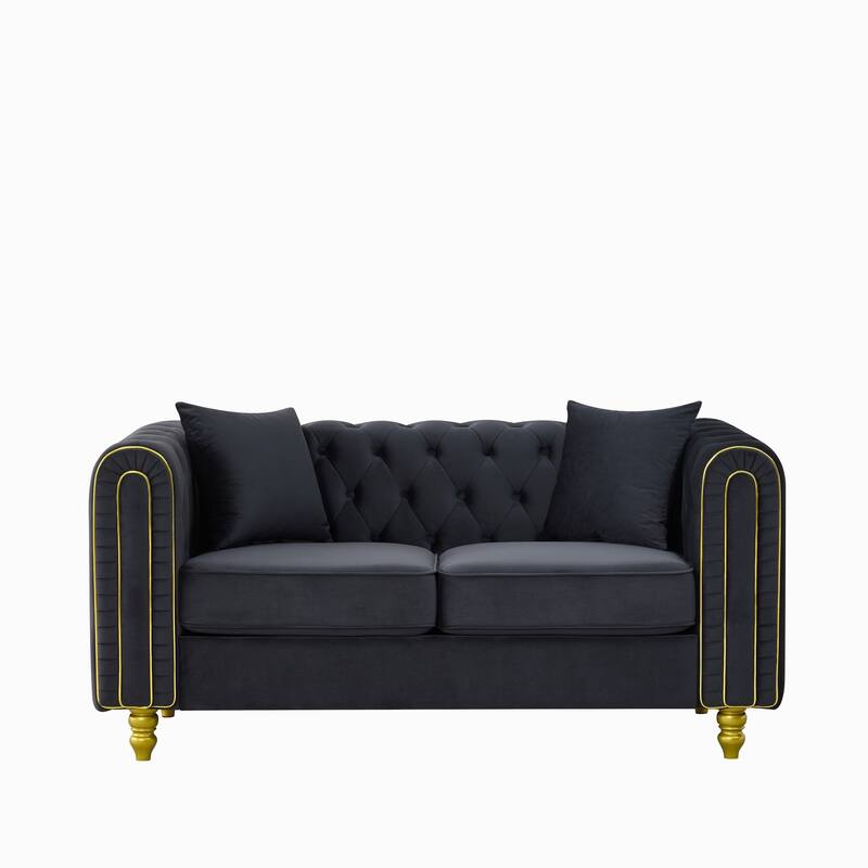 Roomfitters 86" and 63" Modern Tuxedo Chesterfield Sofa and Loveseat Set with Gold Trim, Button Back 2-Piece Couch Set