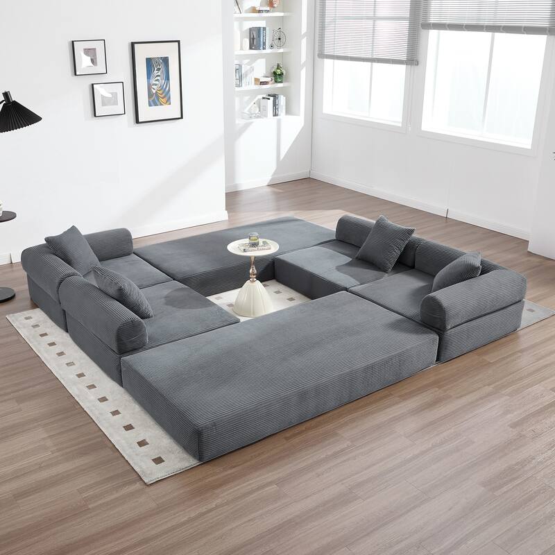 HOMEFUN Corduroy Upholstered Convertible Folding Sofa Bed with Fixed Frame and Pillow Back Handrail - Grey