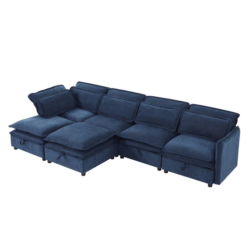 124.4" Polyester U-Shaped Modular Sleeper Sofa with Storage & Double-Layer Cushions