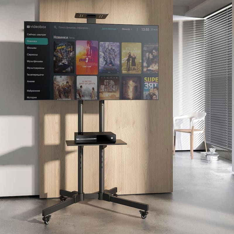 Mount-It! TV Cart Mobile TV Stand Wheeled and Height Adjustable with Rolling Casters and Shelf - Black