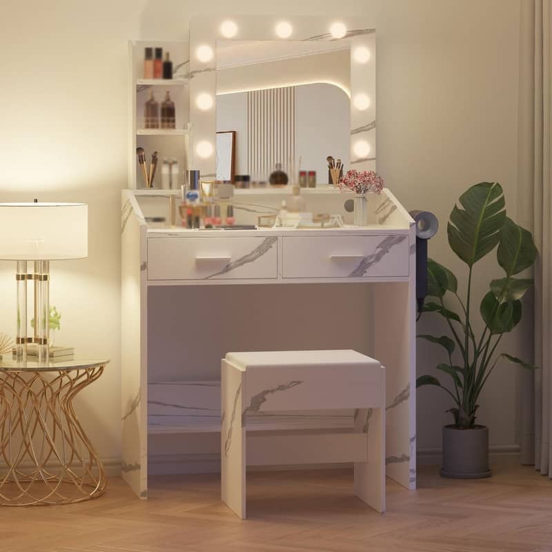 Makeup Vanity Desk with Mirror and Stool, Charging Station, 2 Drawers, 3 Shelves