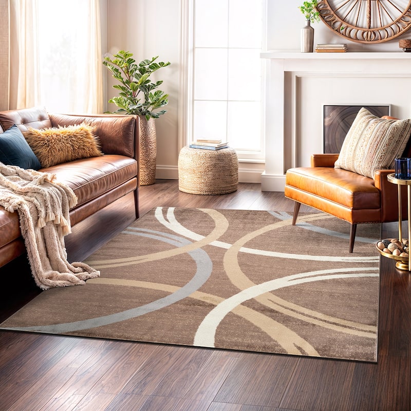 World Rug Gallery Contemporary Abstract Circles Design Area Rug - 6'6x"6'6" Sq - Brown