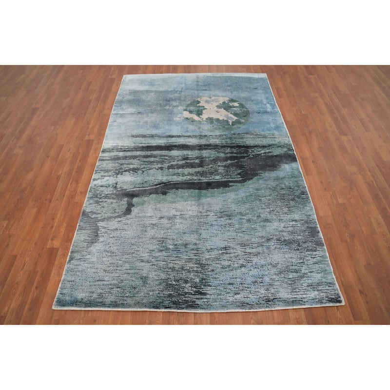 Hand Knotted Oriental Viscose Silk Carpet Modern Pictorial Multi-Colored Abstract Area Rug - 7' 10'' X 5' 1''