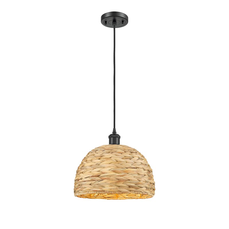Innovations Lighting Woven Rattan - 1 Light 12" Cord Hung Pendant - Matte Black/Natural Rattan