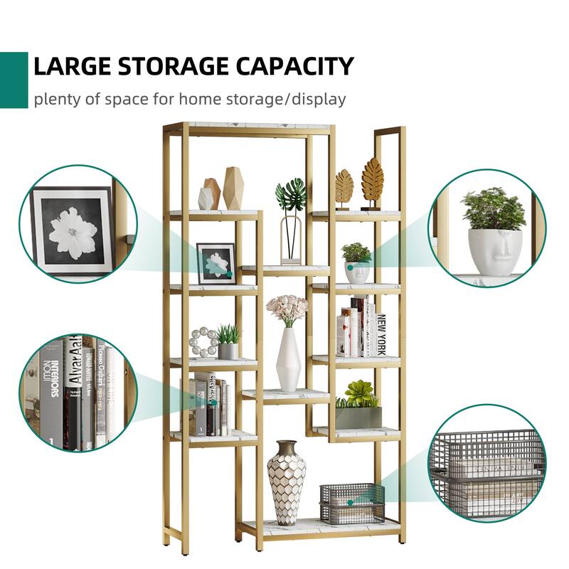 Wood 6-Tier Gold Bookshelf 71" Tall Modern Free Standing Bookshelf with 12 Shelves
