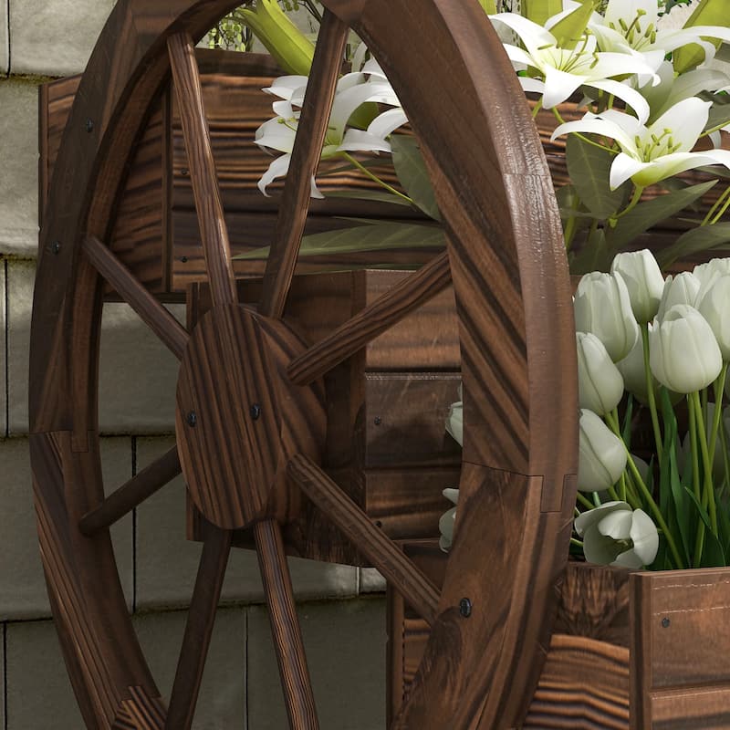 Carbonized Fir Wood Raised Planter with Wagon Wheel Design