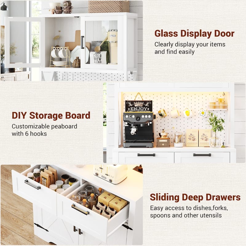 71" Kitchen Pantry Storage Cabinet with LED Light & Power Outlet, Freestanding Buffet Cabinet with Microwave Stand and Doors
