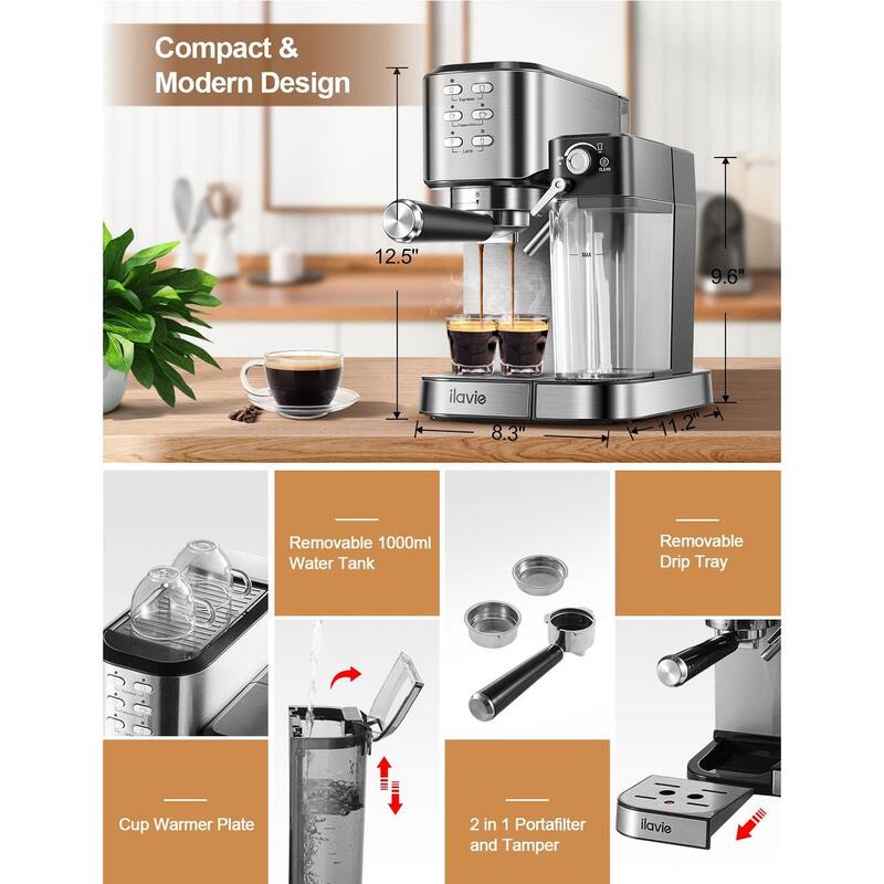 6in1 Espresso Coffee Machine BuiltIn Automatic Milk Frother, 20 Bar