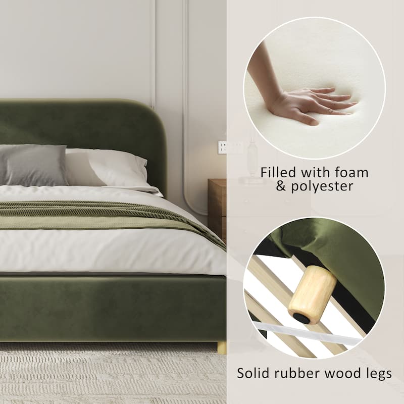 Velvet Upholstered King Size Platform Bed with Curved Headboard, Olive Green
