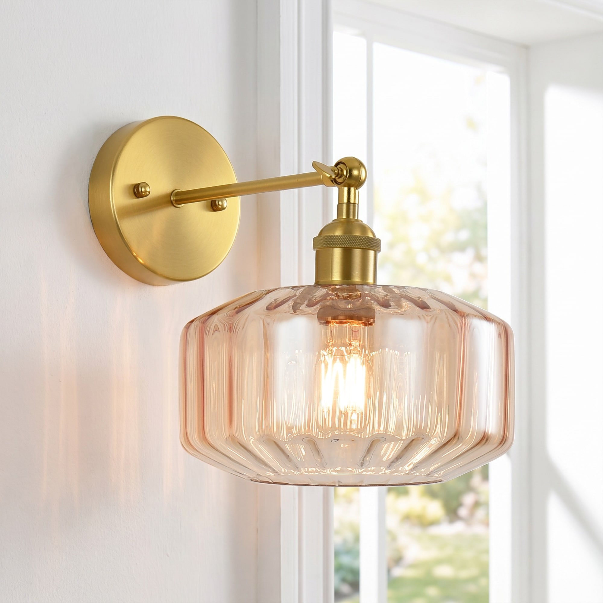 12" 1-Light Modern Brass Swing Arm Amber Ribbed Glass Wall Light Wall Sconce for Bathroom Bedroom