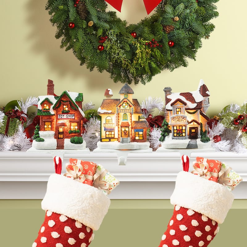Glitzhome 6"H Christmas Lighted Resin House Stocking Holders Mantel Ornament (Set of 3)