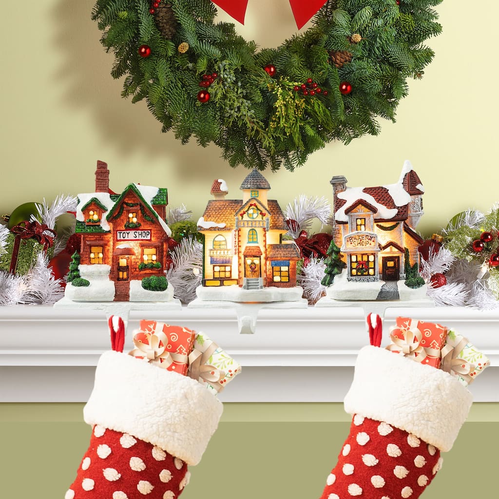 Glitzhome 6"H Christmas Lighted Resin House Stocking Holders Mantel Ornament (Set of 3)