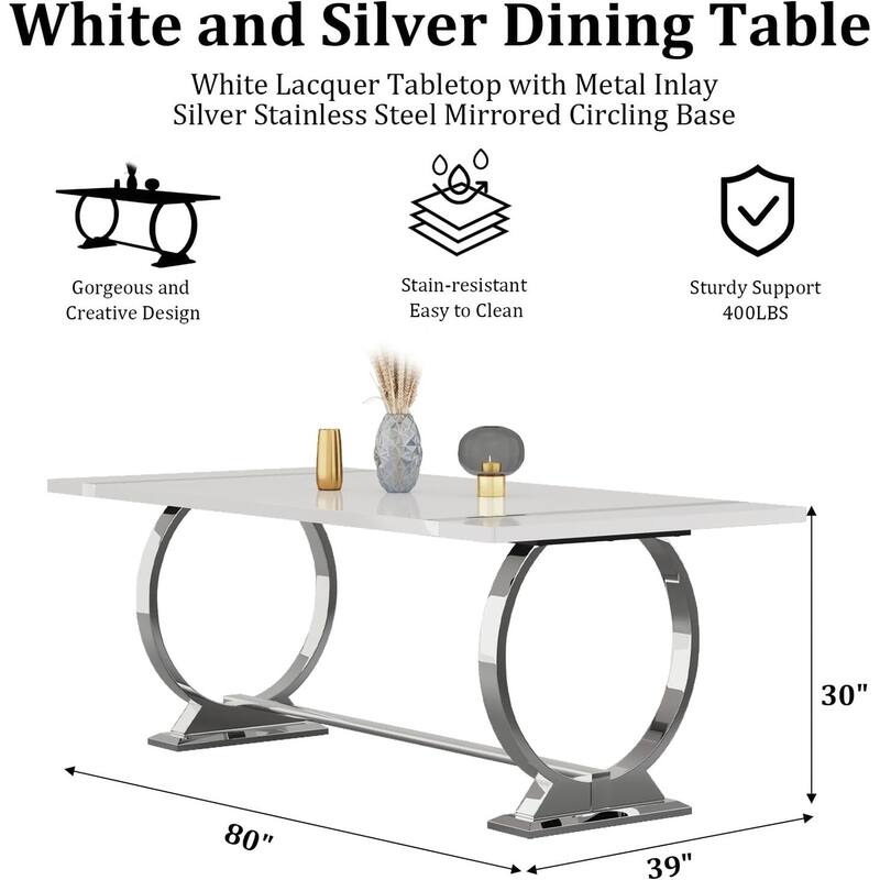 Modern White Dining Table with Polished Stainless Steel Circle Base