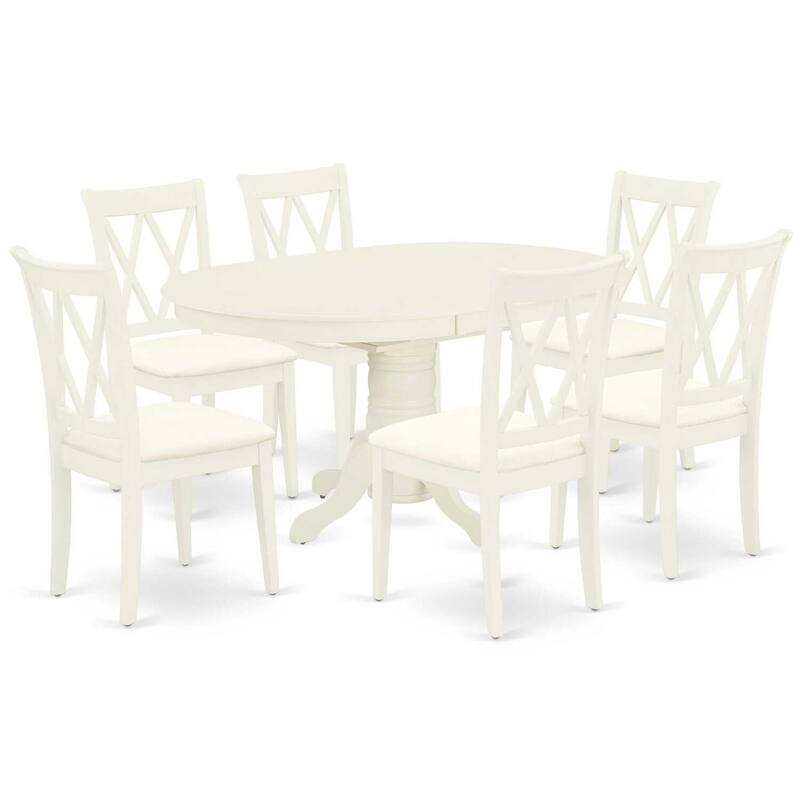 HomeStock 7-Pc Oval Linen White Finish Solid Wood Top Dining Table with 6-Chairs with Butterfly Leaf Cross Back