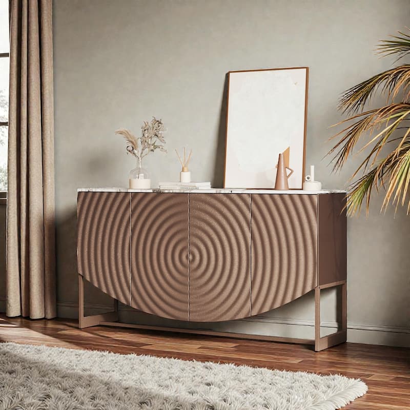Modern 3D Wave Sideboard Buffet Cabinet, Marble Look Top Storage Console for Living Room and Dining Room