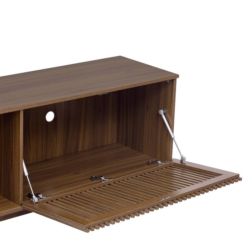 Modern 2 in 1 TV Stand with Cat Scratcher, Cat House Media Console Table with Sliding Flip-down Glass Doors
