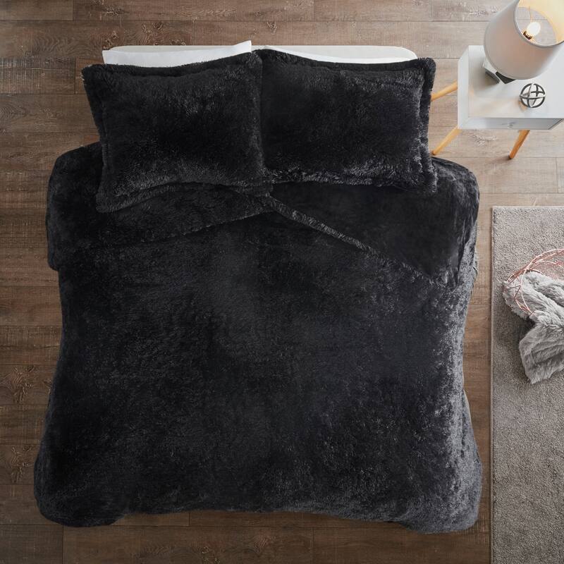 Leena Shaggy Fur Duvet Cover Set by Intelligent Designs - Black - Queen