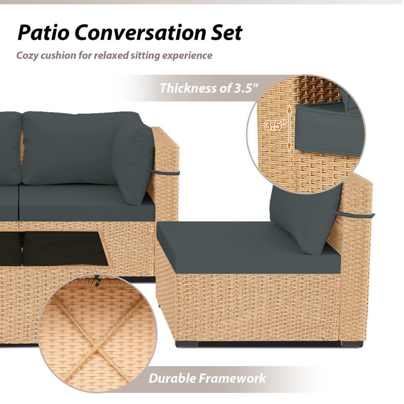 Patio Watcher 5-Pieces Yellow Rattan Conversation Set with Cusions for Outdoors
