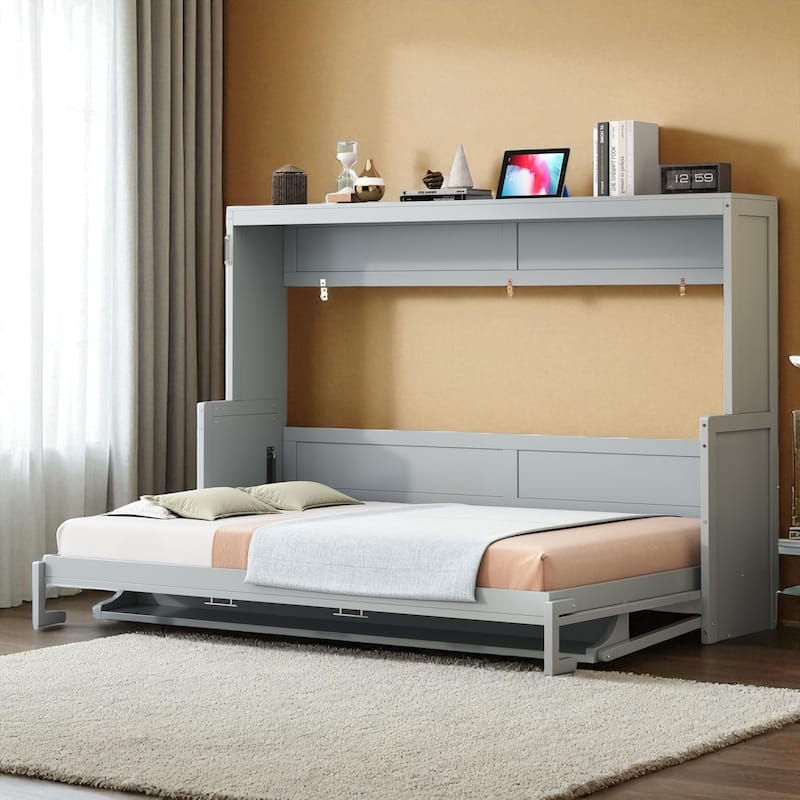 Full/Queen Murphy Wall Bed with Desk, Hydraulic Lift, 600 lb Capacity, 10 in Mattress, Space-Saving Home Office