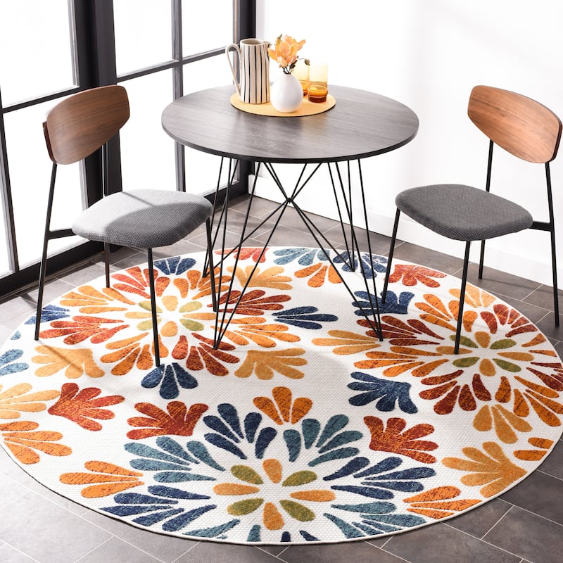 SAFAVIEH Cabana Diellza Indoor/ Outdoor Waterproof Patio Floral Rug - 6'7" Round - Creme/Red