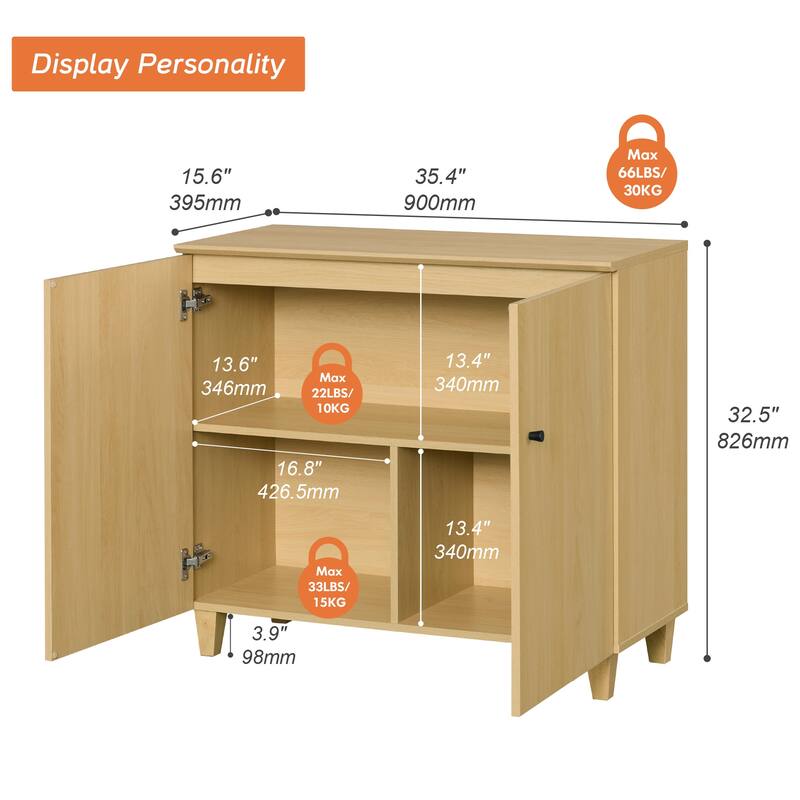 Sideboards Buffet Cabinets with Doors for Dining Room, 32.4"H - 3-In-1 - Oak