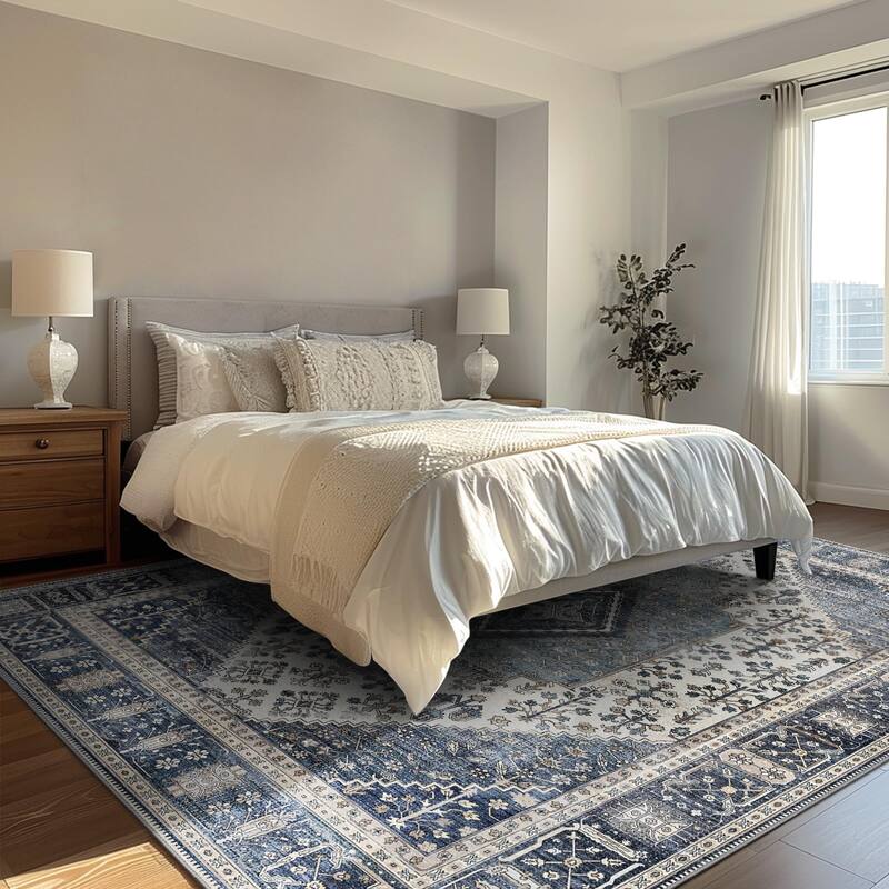 Mcow Faded Floral Vintage Low-Pile Machine Washable Non-Slip Area Rug