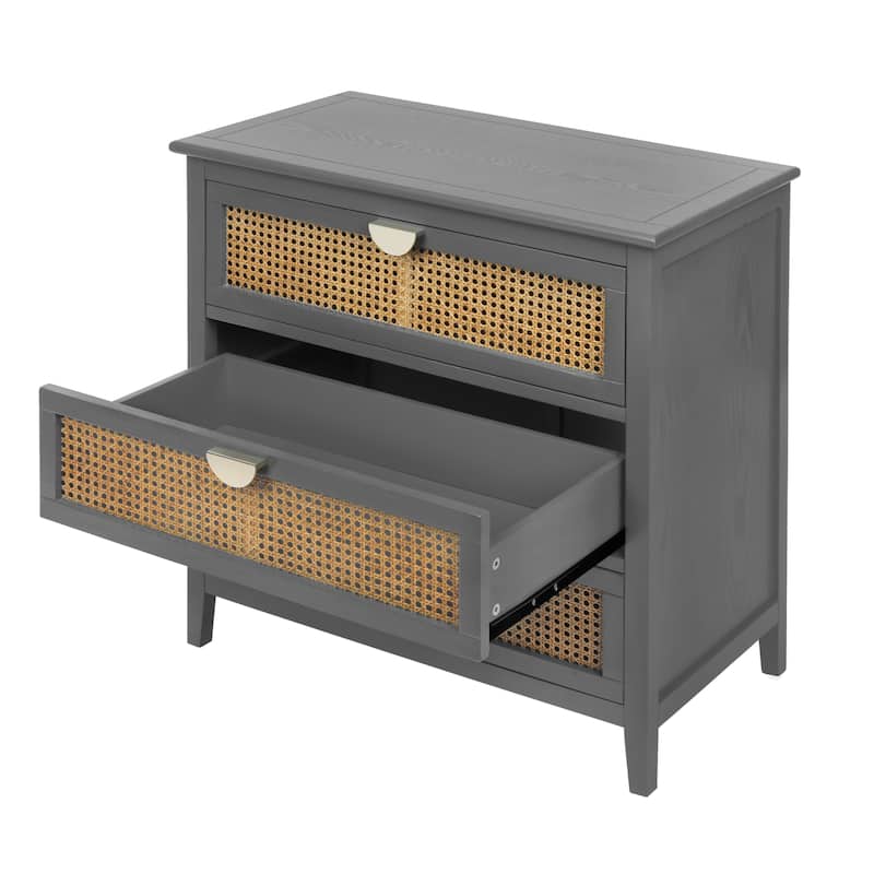 3-Drawer Bachelors Chest Cabinet with Hollow-Carved, Natural Rattan, American Furniture, Suitable for Bedroom, Living room