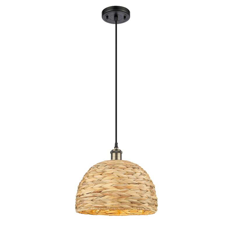 Innovations Lighting Woven Rattan - 1 Light 12" Cord Hung Pendant - Black Antique Brass/Natural Rattan