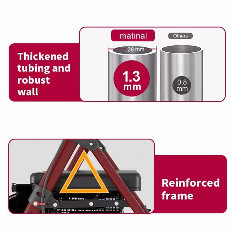 Matinal Foldable Rollator Walkers with Seat for Seniors, 350 lb Capacity, 8'' Big Wheels, 6-Position Height - Red