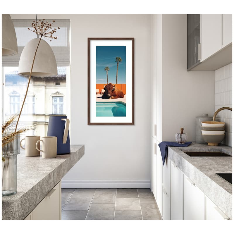 Kate and Laurel Framed Art Bison Chilling by the Pool in California by Michael Schauer