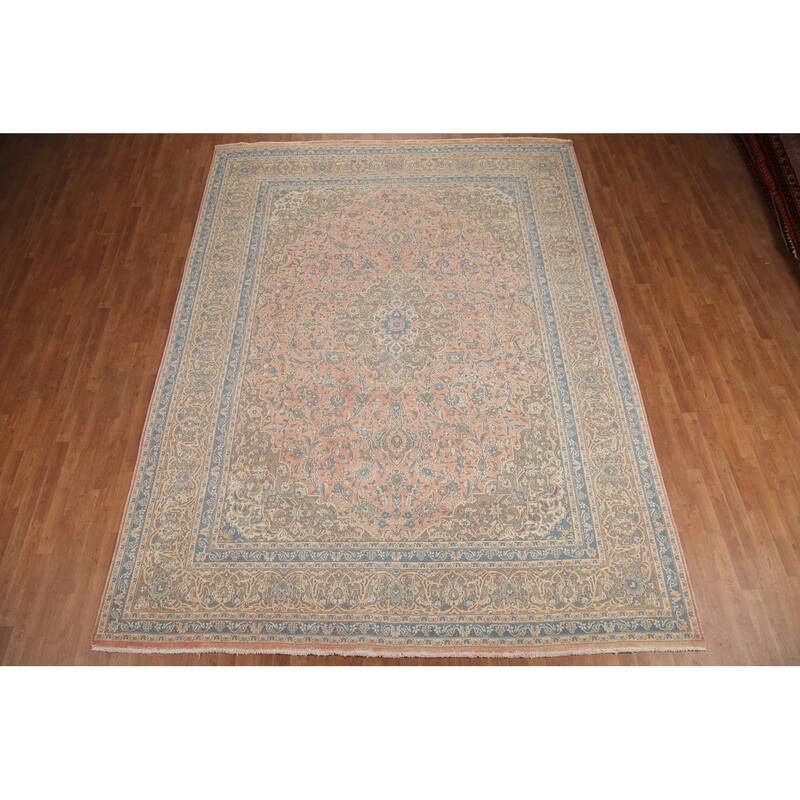 Hand Knotted Oriental 100% Wool Carpet Traditional Floral Pink Mashad Area Rug - 12' 7'' X 9' 6''