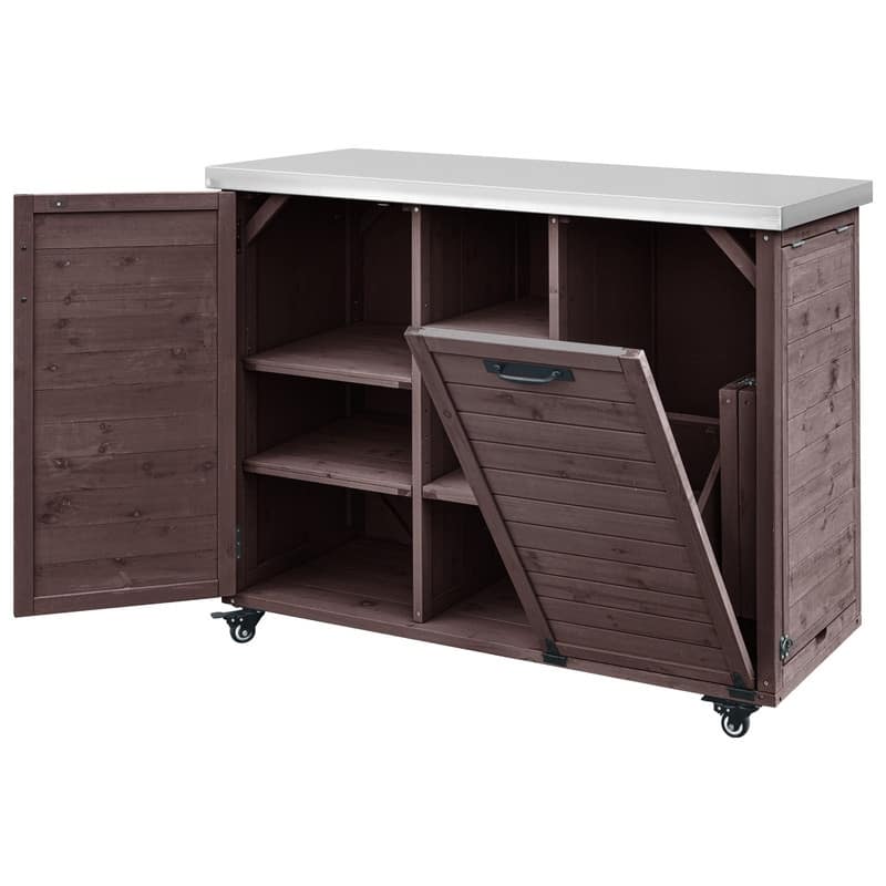 78.3" Outdoor Kitchen Island with Extendable Table, Trash Can Storage and Stainless Steel Top for BBQ Cooking