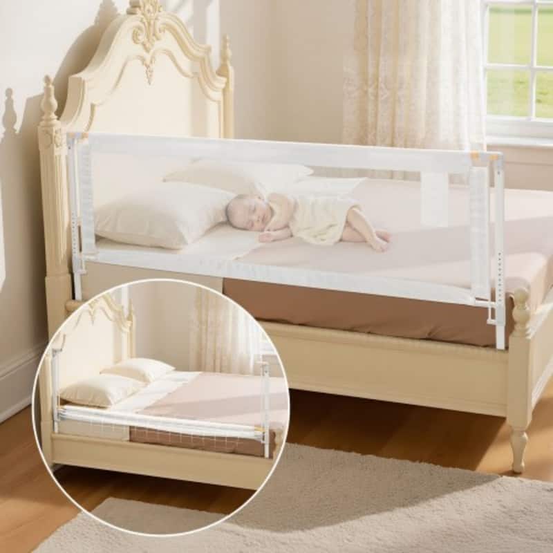 White Steel Oxford Fabric Kids Bed Rail with Lift and Washable Mesh - 70-80