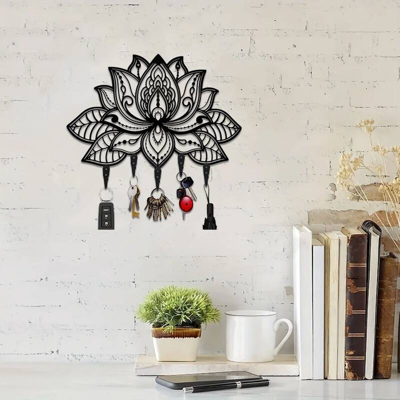 Wall-Mounted Towel Rack with 6 Hooks Black Matte Metal Space-Saving Bathroom Organizer - N/A