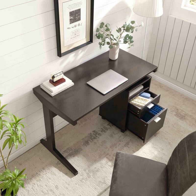 Home office desk with modesty panel and detached file cabinet on locking wheels with two drawer