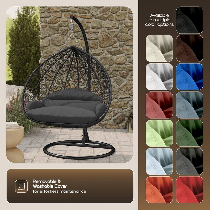 2-Person Outdoor Hanging Egg Chair with Teardrop Frame, Weather-Resistant Cotton Cushioned Seat for Patio and Indoor Use