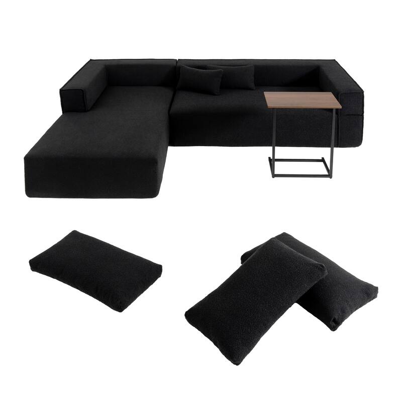 Modular Sectional Sofa with Side Table, Upholstered Cloud Sofa with L-Shaped Chaise Lounge, Full-Compressed Deep Seat Sofa